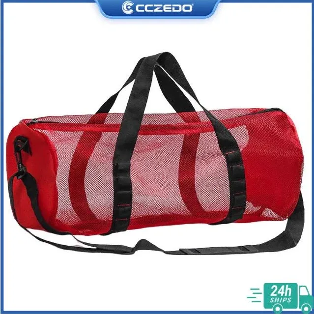Seller image of a red CCZedo mesh duffel bag with black handles and a shoulder strap