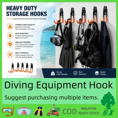 Seller graphic showing orange wall hooks holding masks, fins and other diving equipment