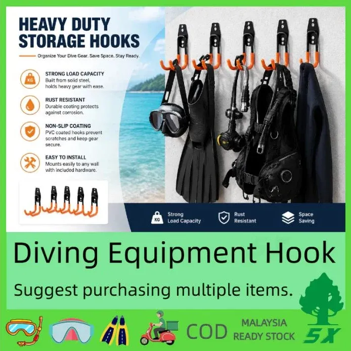 Seller graphic showing orange wall hooks holding masks, fins and other diving equipment