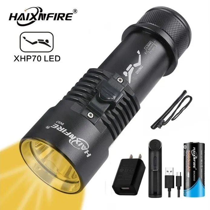 Seller image of a black HaixnFire DV57 torch with a yellow beam illustration and battery accessories