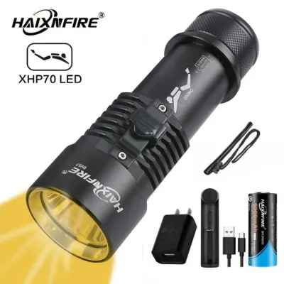 Seller image of a black HaixnFire DV57 torch with a yellow beam illustration and battery accessories