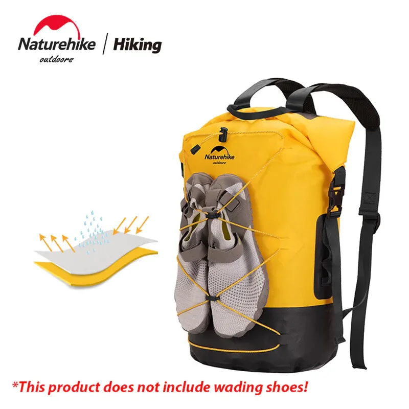 Naturehike seller image showing a yellow and black bag with an external shoe pocket; shoes are not included