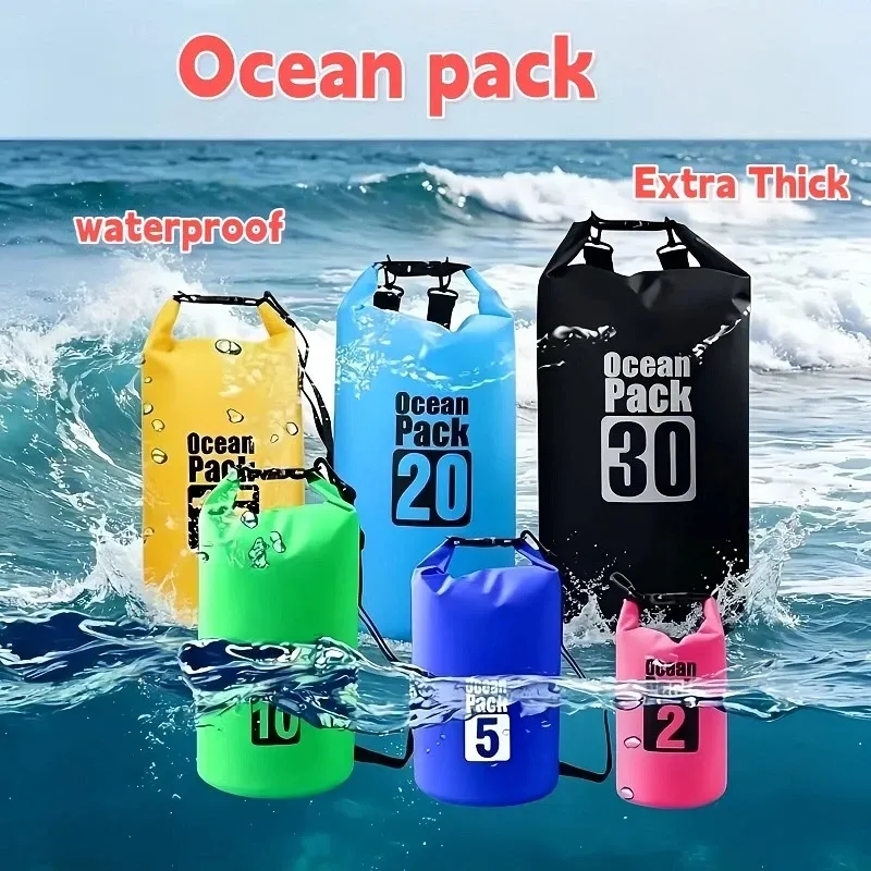 Seller image showing Ocean Pack roll-top bags in several colours and marked capacities