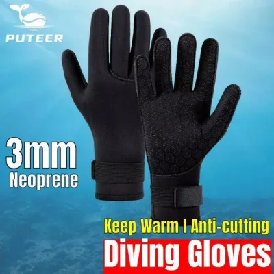 Seller image of black Puteer diving gloves showing the palms and wrist straps