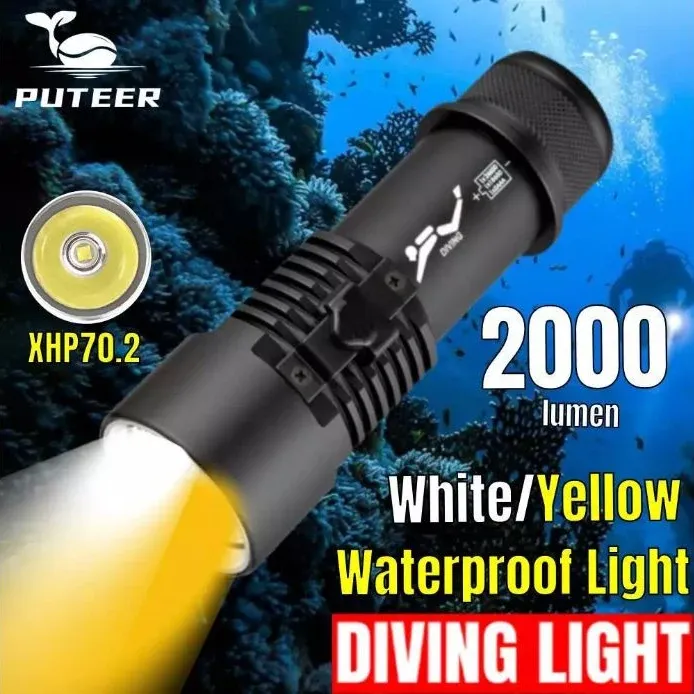 Black Puteer diving torch on a blue promotional image showing white and yellow beams