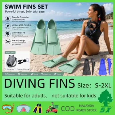 Green short Q3A fins shown beside a swimmer in a beach product display