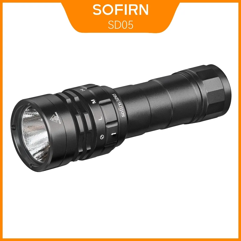 Sofirn SD05 black diving torch shown against a white background