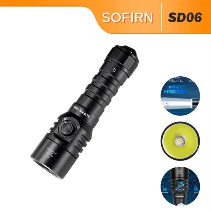 Black Sofirn SD06 torch with a side button on a white product display