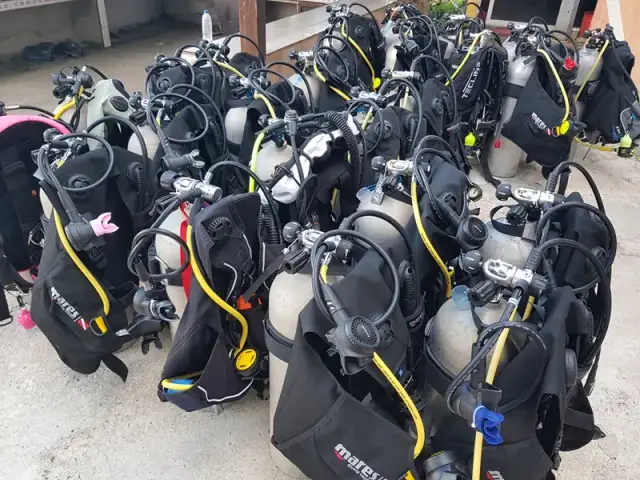 Assembled scuba cylinders and BCDs in the Tenggol Dive Buddy equipment area.