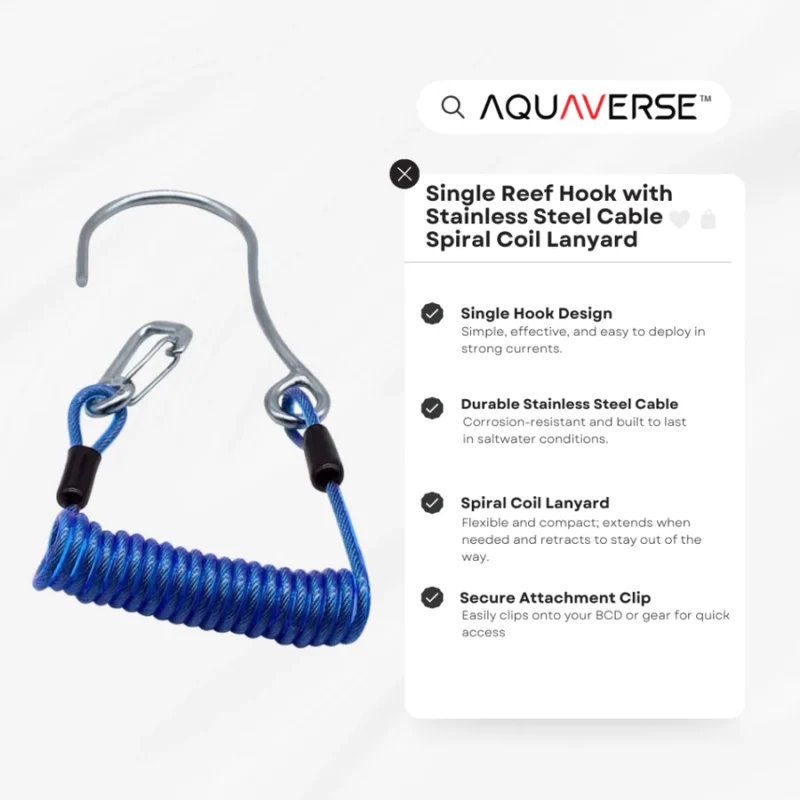 AQUAVERSE Twin Reef Hook with Stainless Steel Cable Spiral Coil Lanyard Drift Hook Scuba Diving