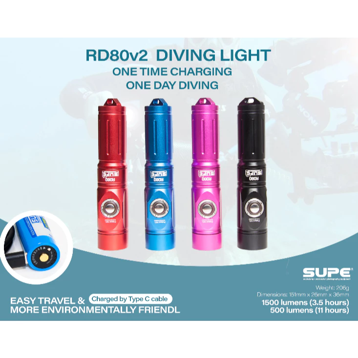 SUPE RD80v2 Dive Torch | 1500 Lumen Narrow Beam Scubalamp