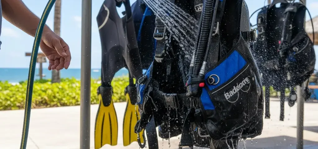 How to Take Care of Your Scuba BCD’ showing four illustrated steps: rinse the BCD with fresh water, keep it dry on a hanger, store it in a cool dry place, and check for damage.