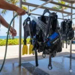 How to Take Care of Your Scuba BCDβ showing four illustrated steps: rinse the BCD with fresh water, keep it dry on a hanger, store it in a cool dry place, and check for damage.