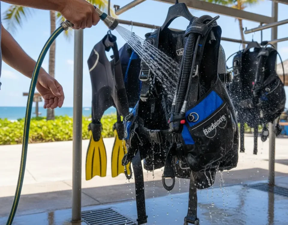 How to Take Care of Your Scuba BCD’ showing four illustrated steps: rinse the BCD with fresh water, keep it dry on a hanger, store it in a cool dry place, and check for damage.