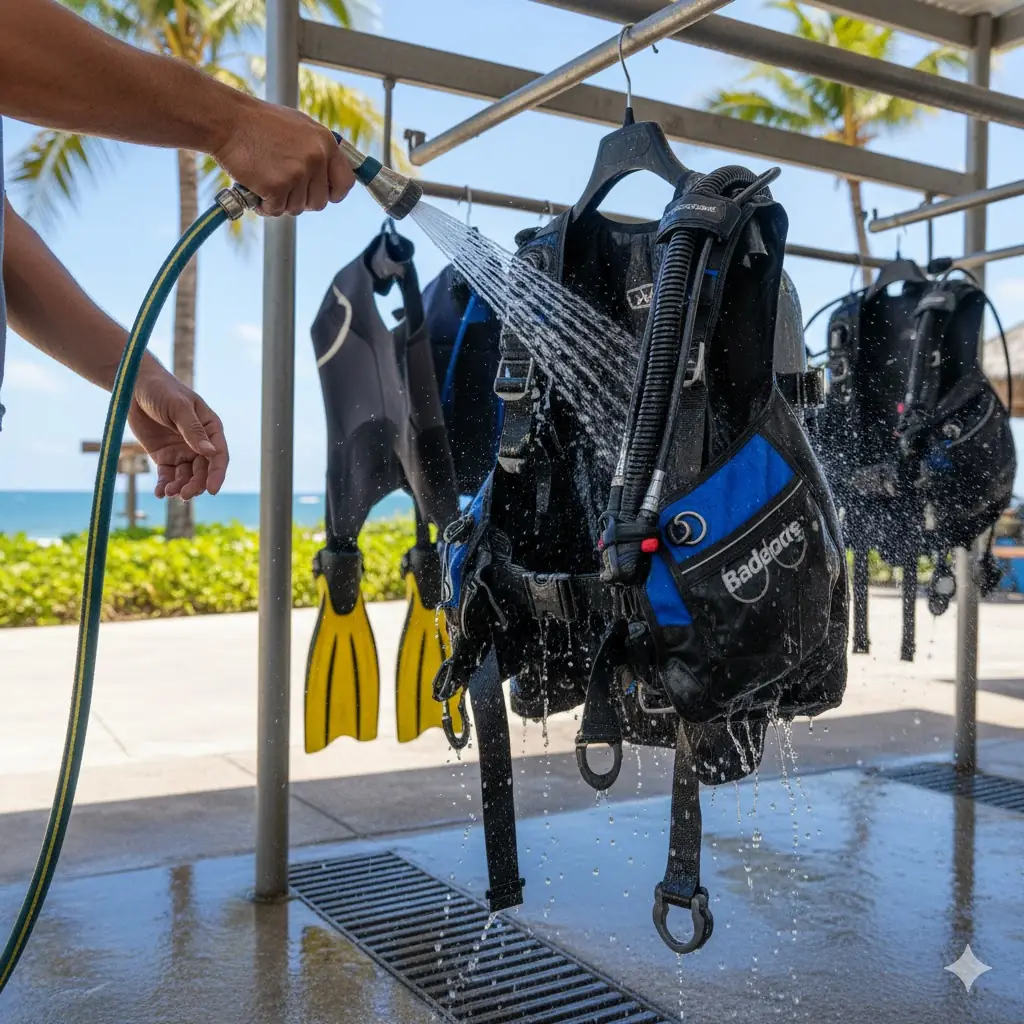 How to Take Care of Your Scuba BCDβ showing four illustrated steps: rinse the BCD with fresh water, keep it dry on a hanger, store it in a cool dry place, and check for damage.